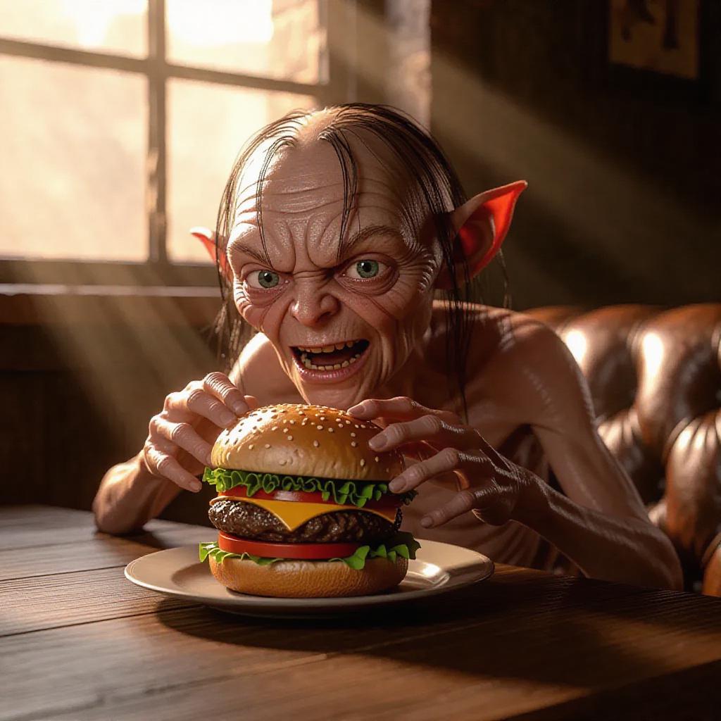 AI-Generated Gollum Lord of the Rings 3D Render Juicy Burger Dramatic ...
