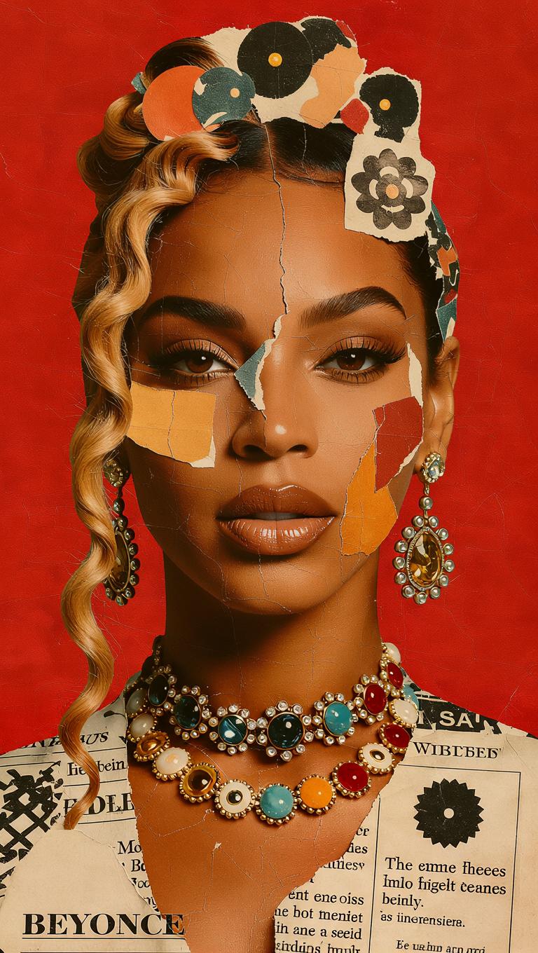 A striking vintage collage portrait of Beyoncé, crafted from eclectic ...