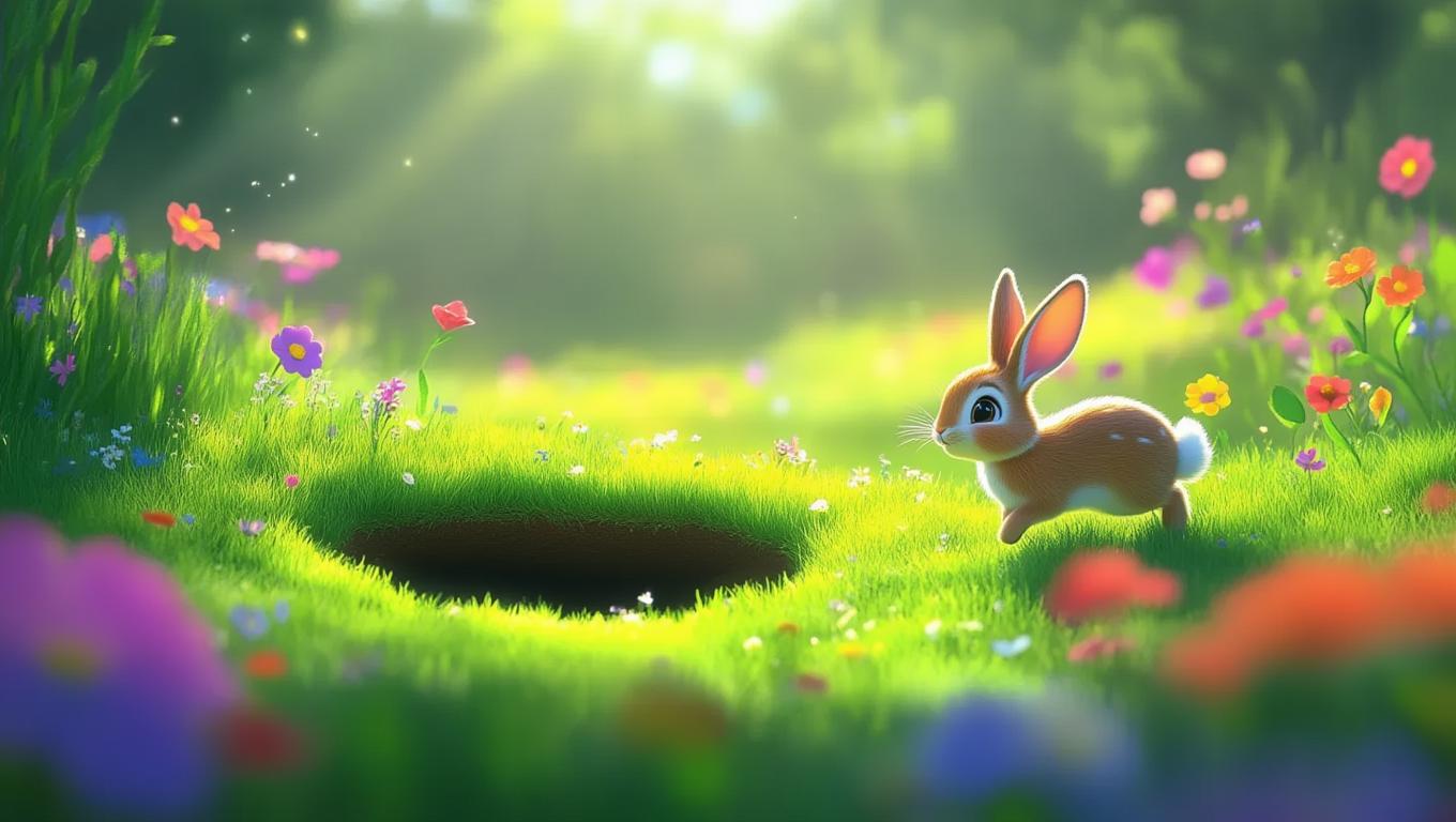 AI-Generated Cartoon Rabbit in Grassy Meadow with Burrow Holes ...