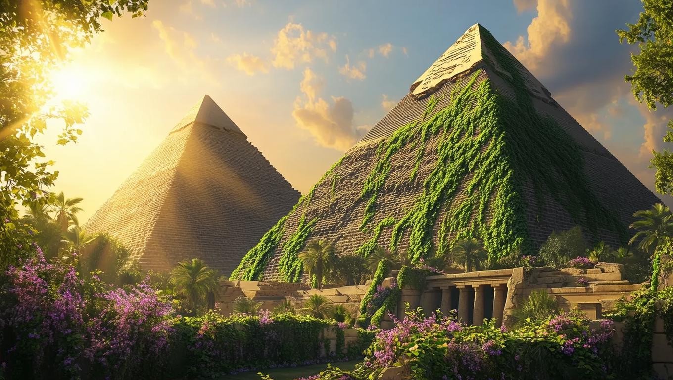 Three majestic pyramids rise against the vibrant spring landscape ...