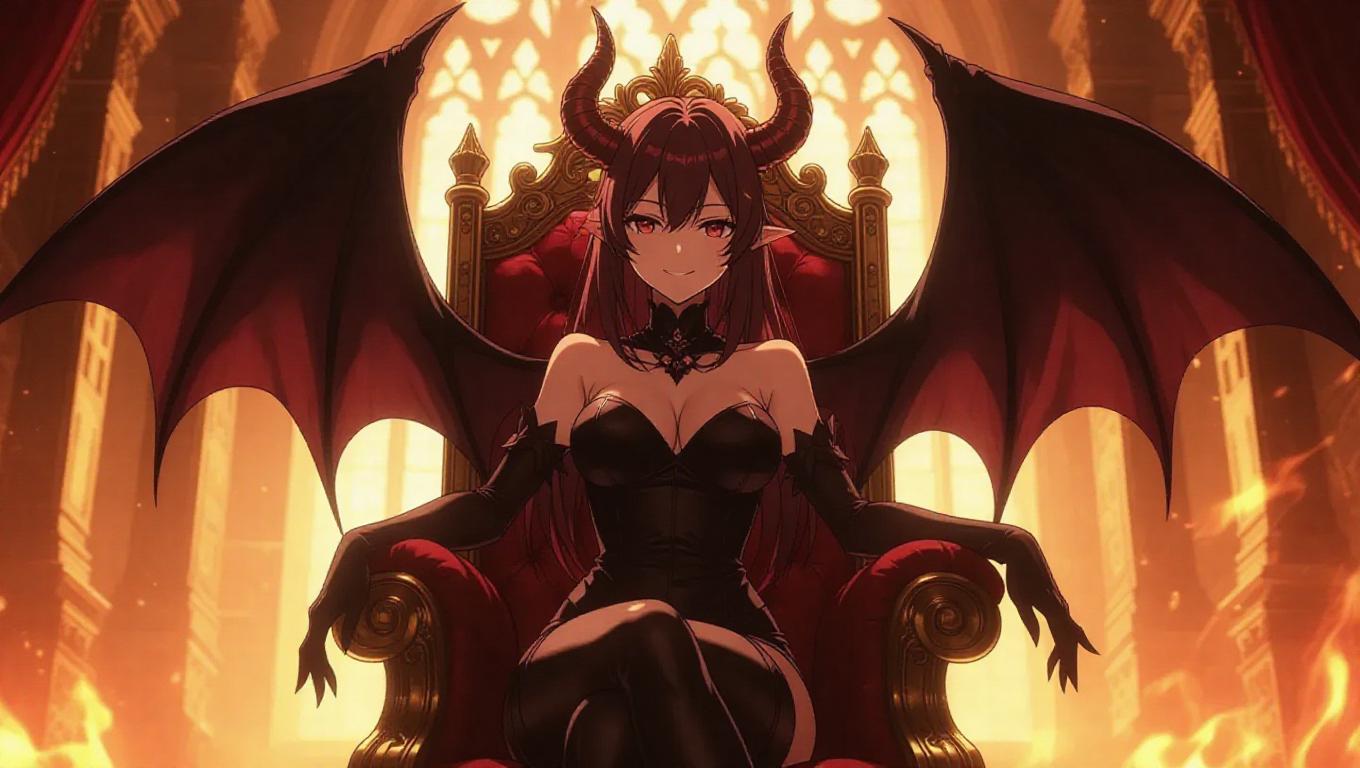 A fantasy succubus anime character with shadowy wings and twisted red ...