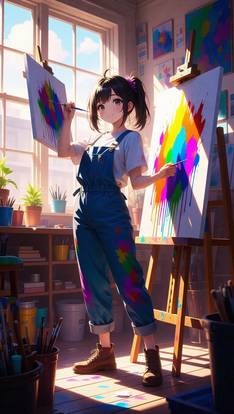 An artistic anime painter in colorful overalls, mid-stroke on a canvas ...