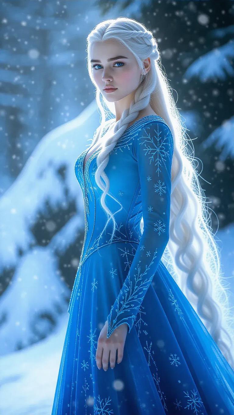 A majestic ice queen in a frosty blue gown, embroidered with snowflakes ...