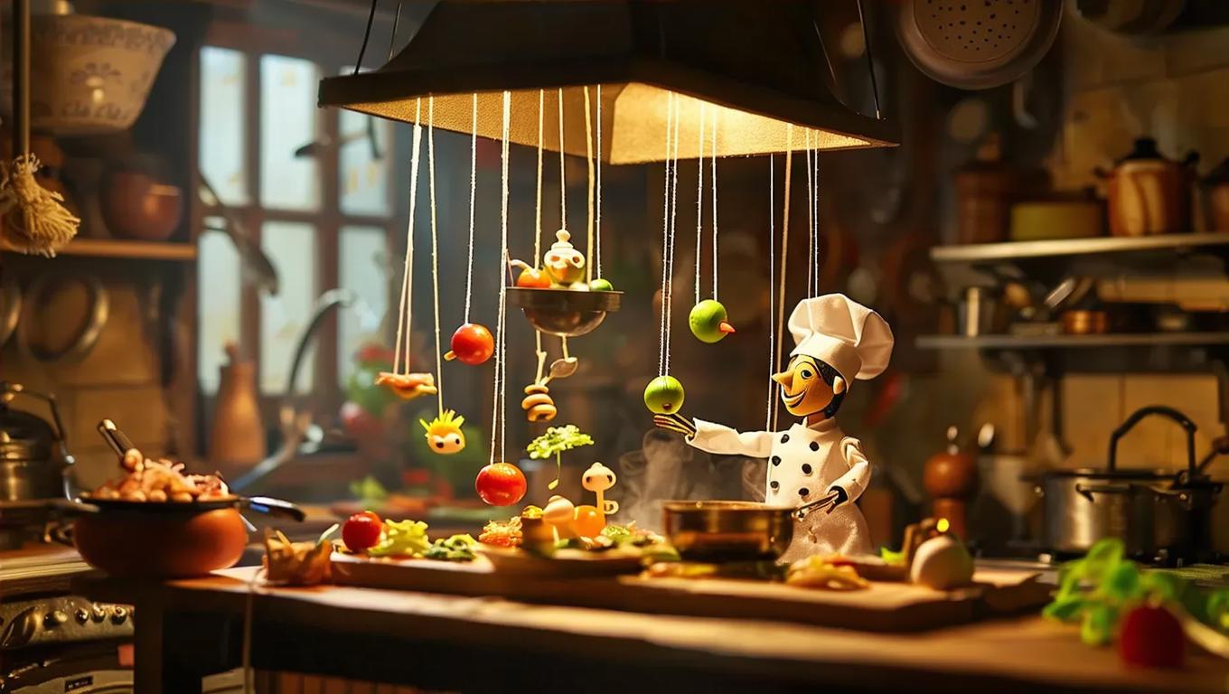 Asian Puppet Chef A puppet chef prepares a meal, each ingredient a smaller puppet, all ...