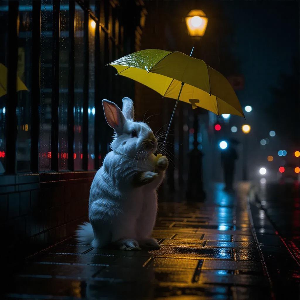 AI-Generated Anthropomorphic Pet Rabbit Rainy Night Mystery with Yellow ...