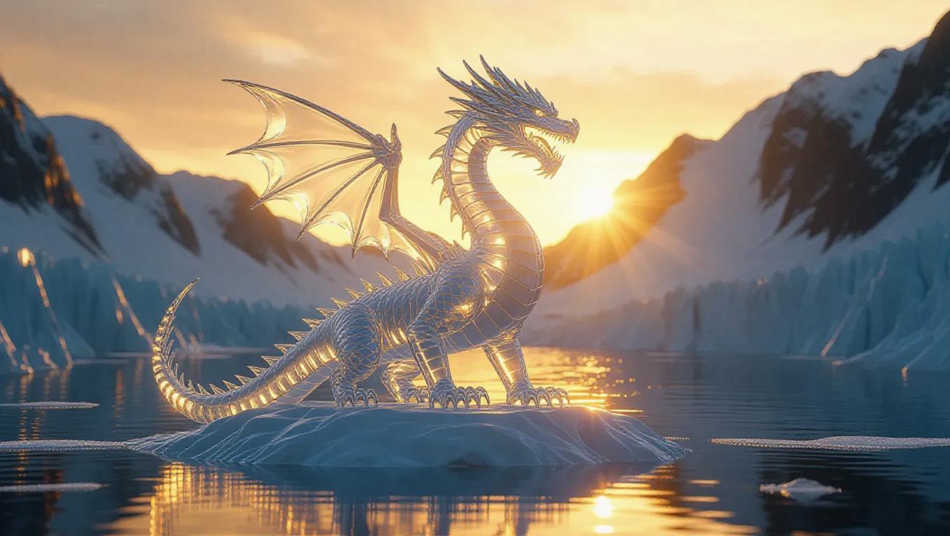 An imposing ice sculpture of a dragon standing tall, illuminated by the ...