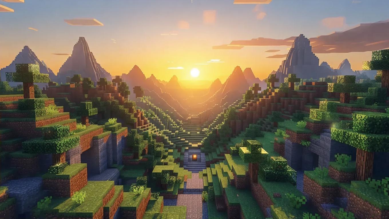 A pixelated, blocky landscape of Minecraft realism, with towering ...
