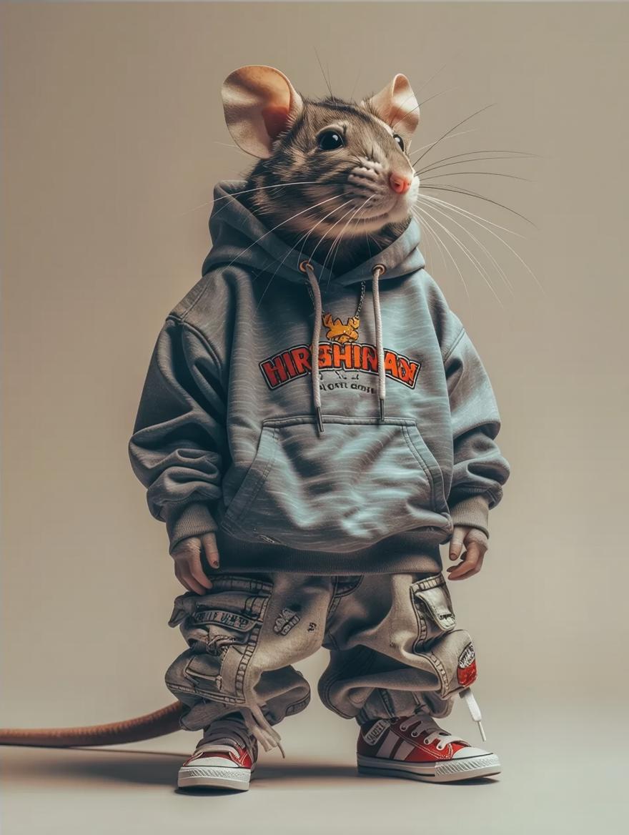 Anthropomorphic rat standing on two legs wearing streetwear clothes ...
