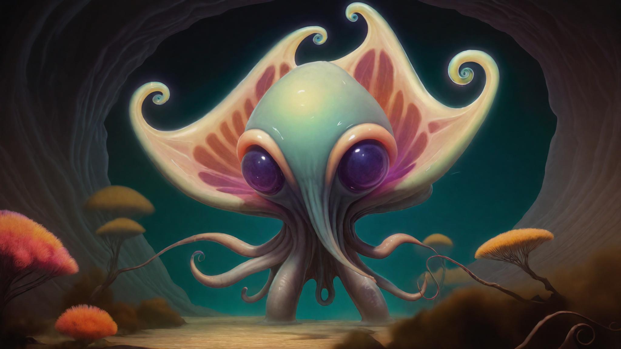 A bioluminescent alien cephalopod with iridescent, undulating tentacles ...