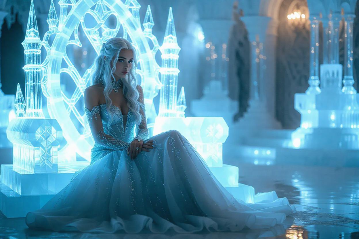 Elegant ice queen, seated majestically on an intricate ice throne ...