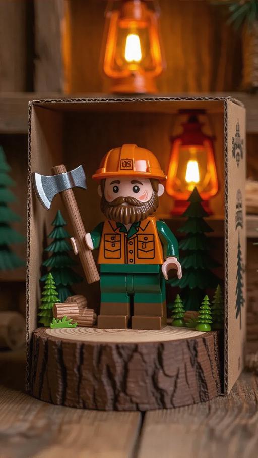 A rugged toy lumberjack with wooden accents leans on a tree stump ...