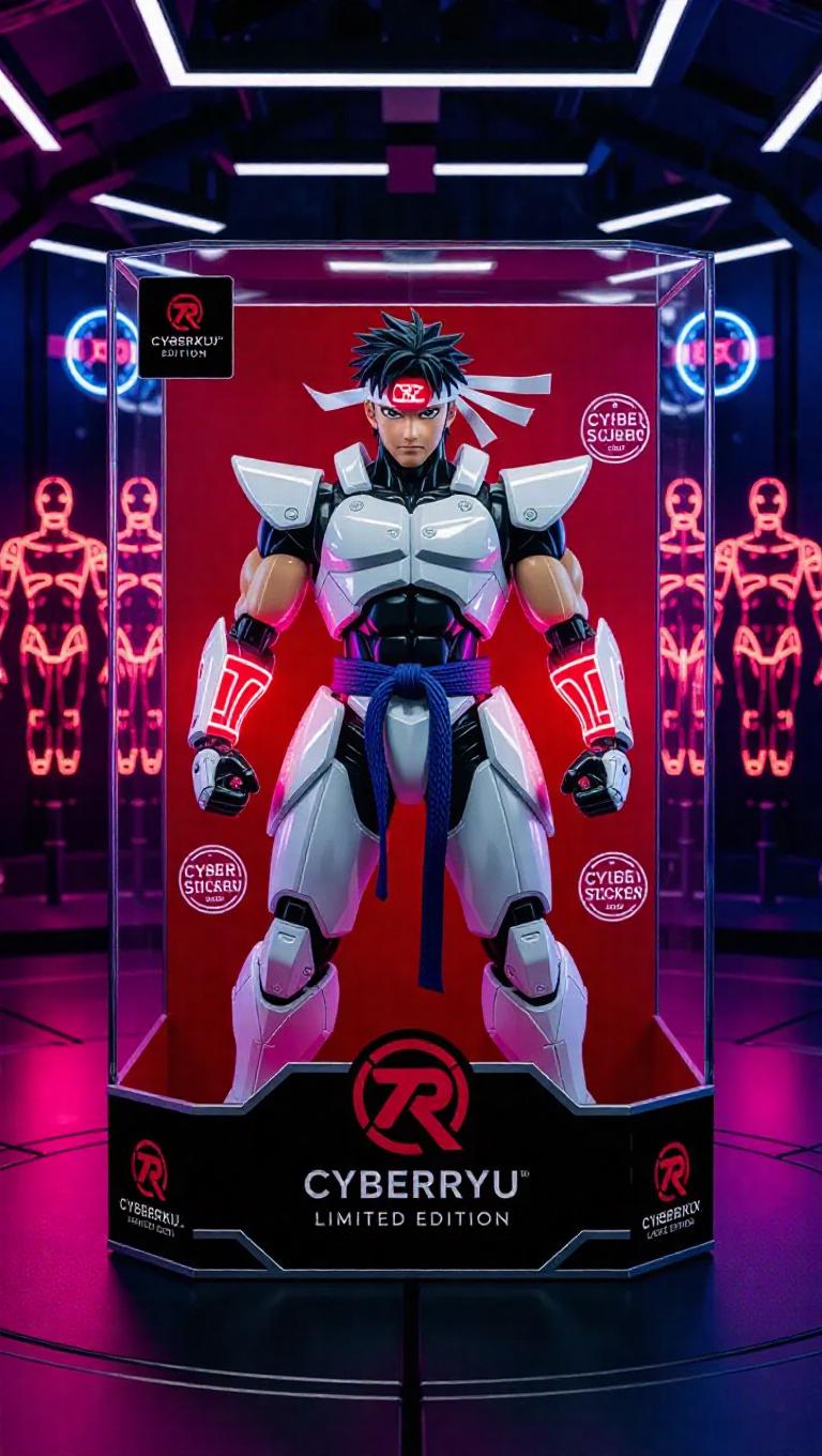 An anime-style collectible action figure of Ryu, reimagined as a cyber ...