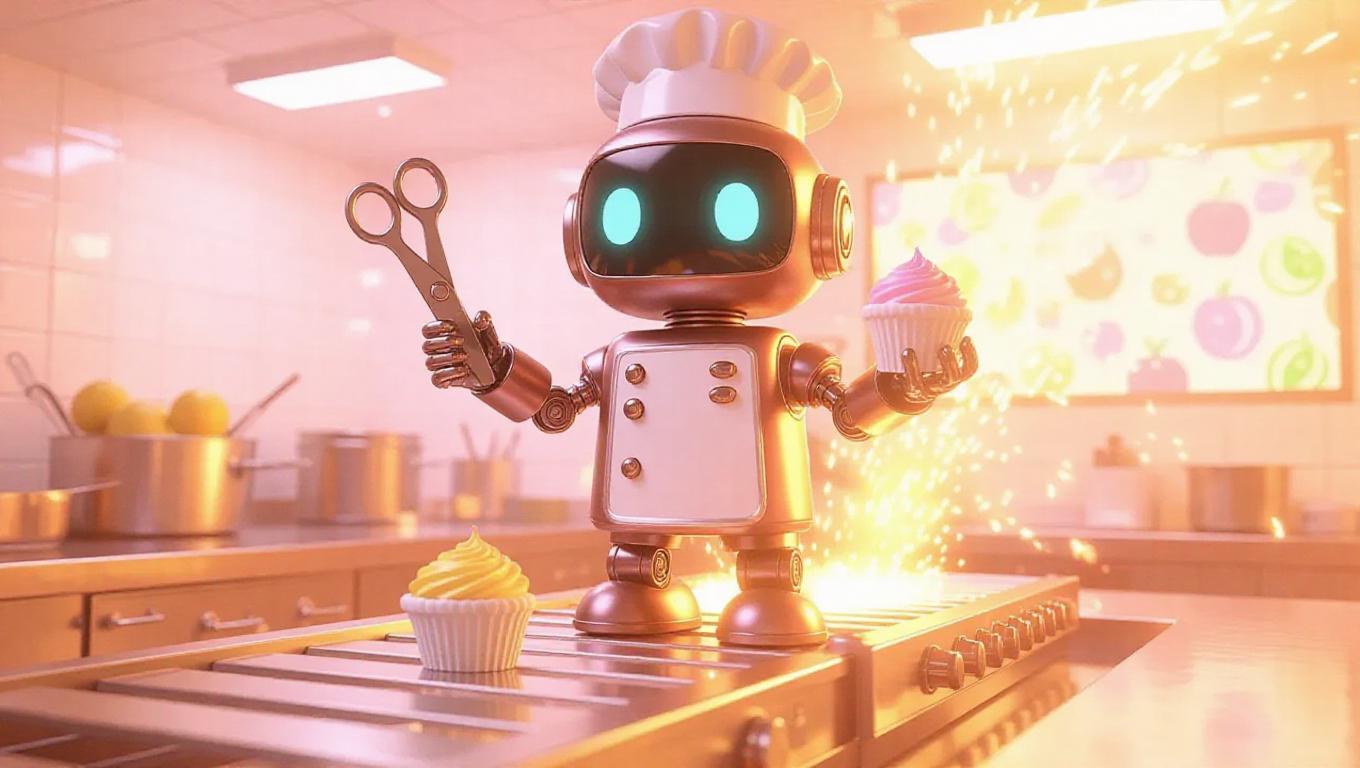 A toy robot chef with scissors arms, a cupcake-launching backpack, and ...