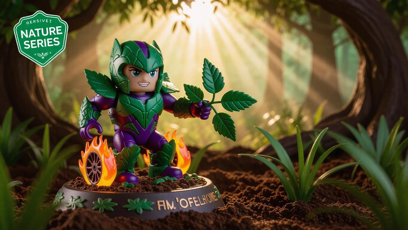 A nature-inspired racer toy figure with leaf armor, flame wheels, and ...
