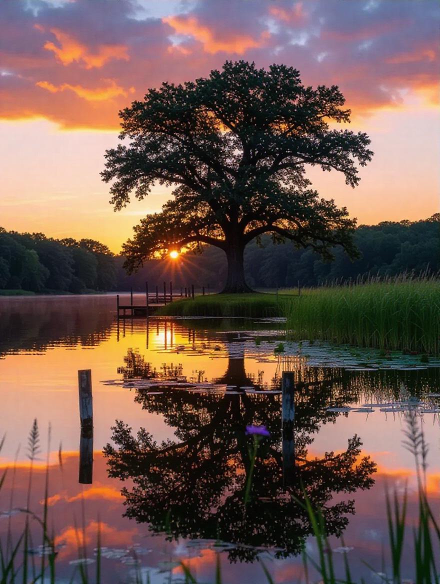 A majestic oak tree stands on the edge of a serene lake, surrounded by ...