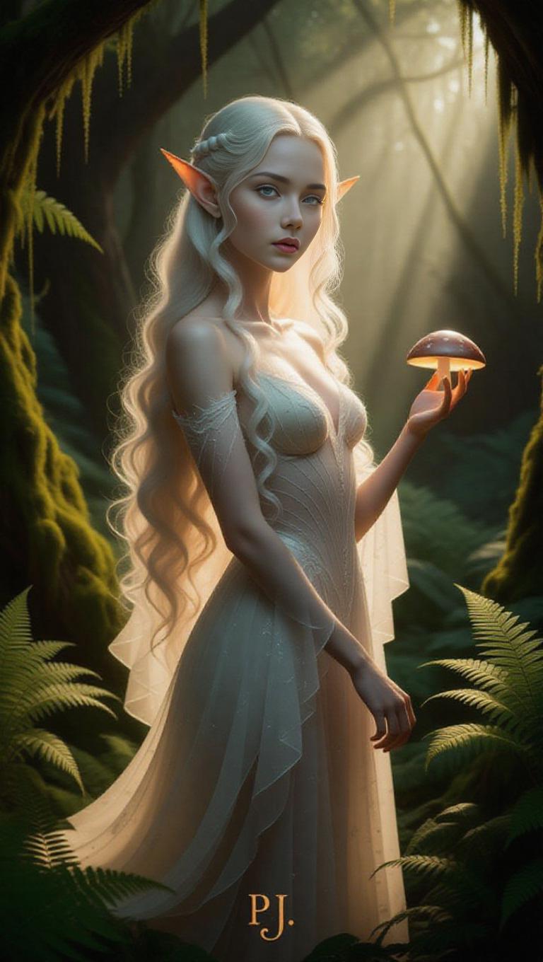 An elven girl with long flowing white hair and luminous green eyes ...