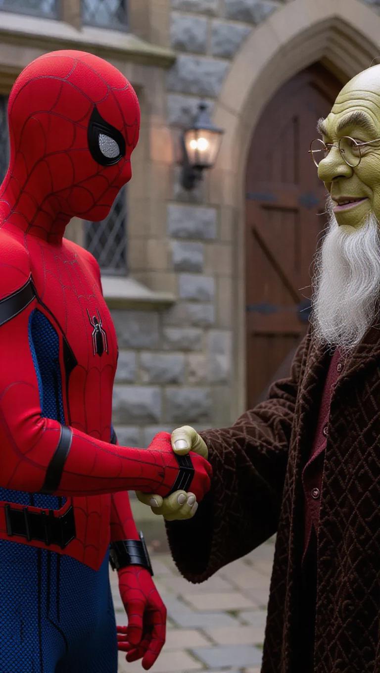 AI-Generated Spiderman, Dumbledore, Shrek Handshake Images/Videos ...