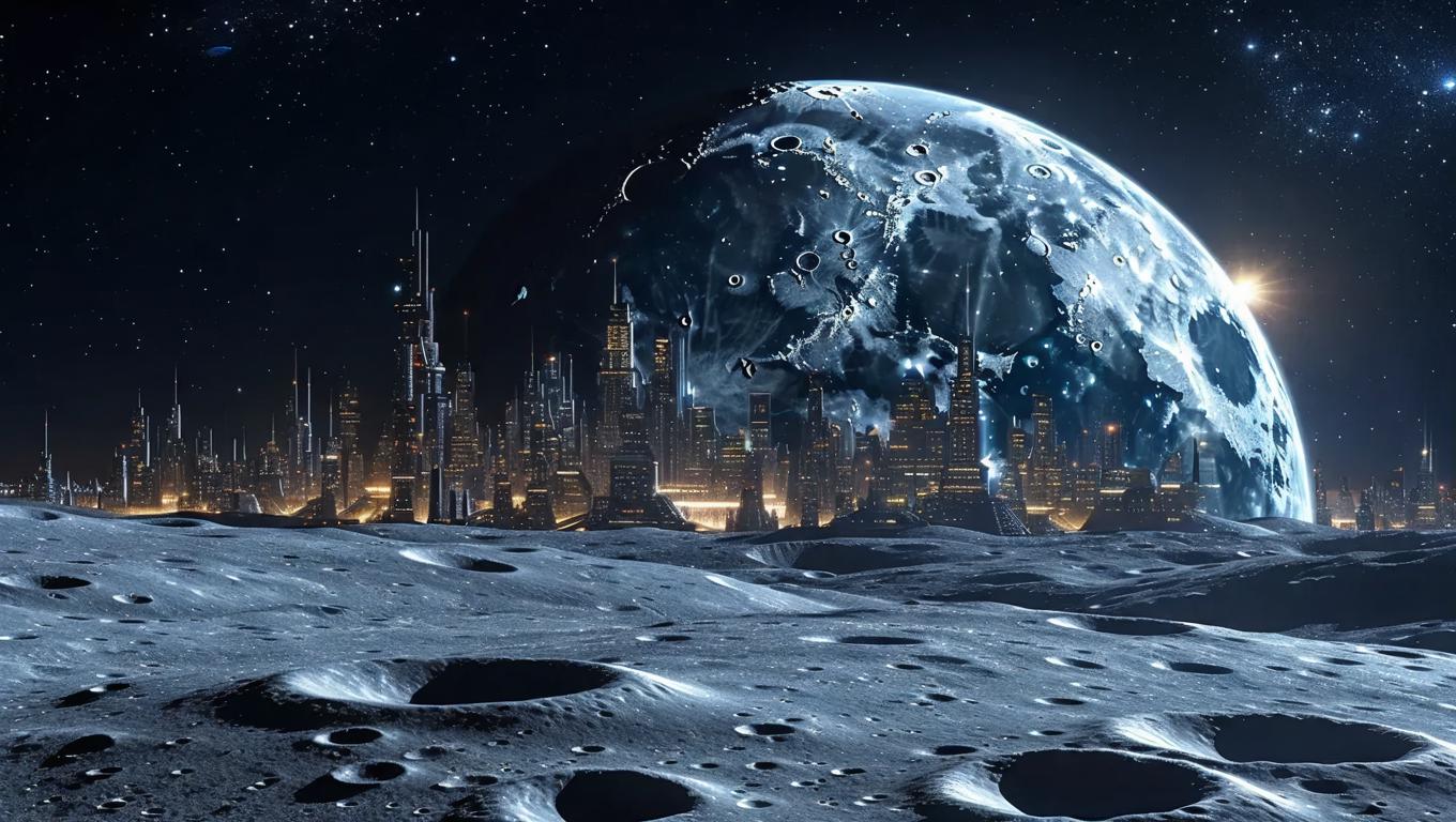 a huge alien colony on the dark side of the moon, long range view og ...