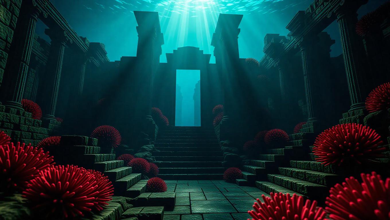 A haunting underwater ruins of an ancient city, with fragmented stone ...