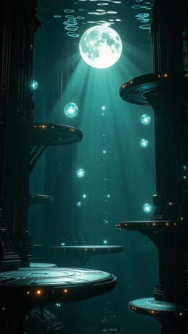 A futuristic scene underwater, showcasing floating platforms and ...