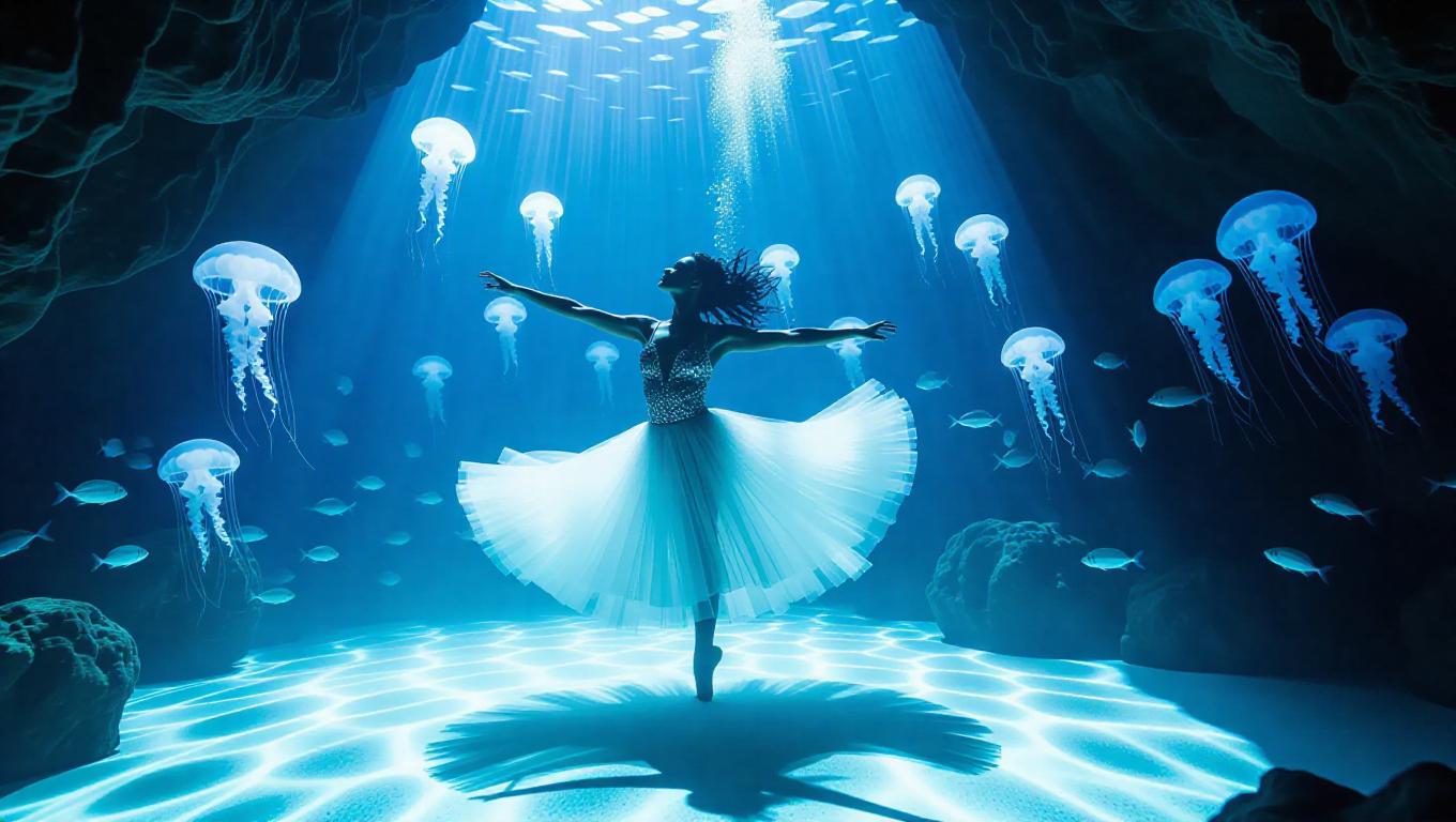 An underwater dancer performs a mesmerizing routine in a painted cave ...