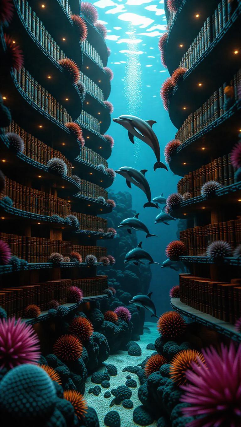 Fantasy underwater library intricately carved into vibrant coral reef ...