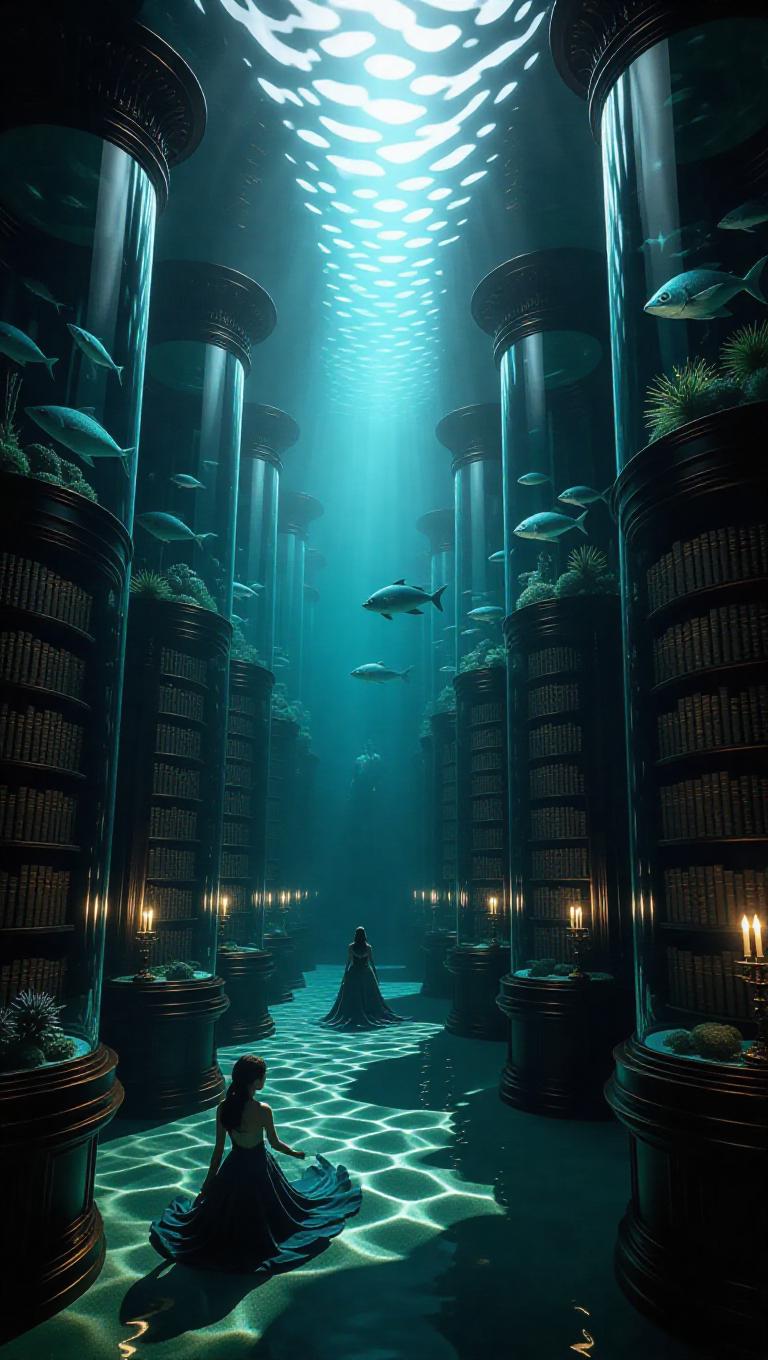 A grand underwater library with glass columns housing various sea ...