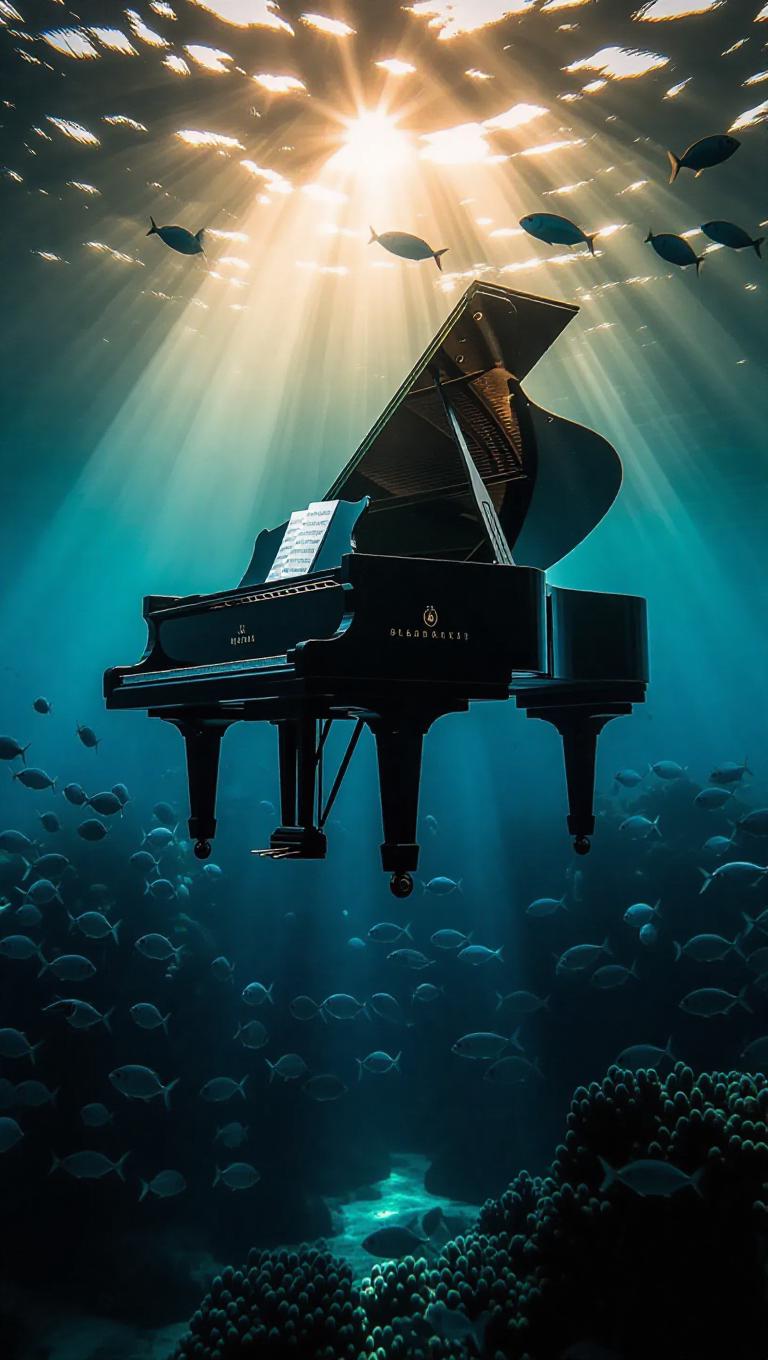 A surreal underwater scene of a grand piano gracefully floating above ...
