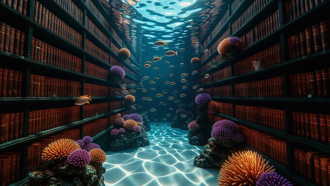 Fantasy underwater library intricately carved into vibrant coral reef ...