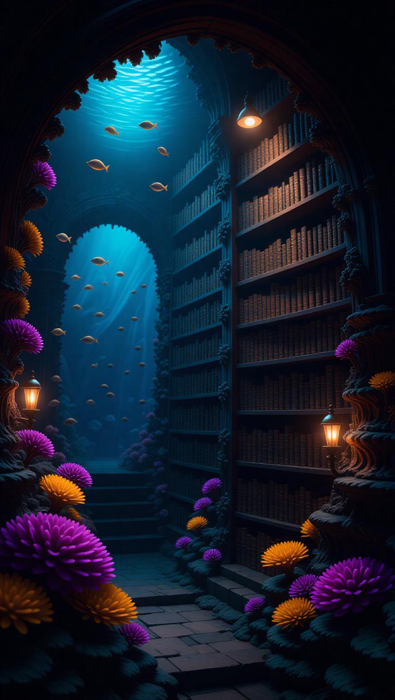 Fantasy underwater library intricately carved into vibrant coral reef ...