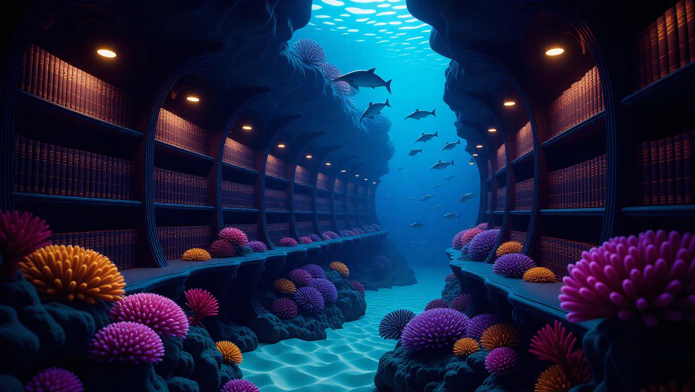 Fantasy underwater library intricately carved into vibrant coral reef ...