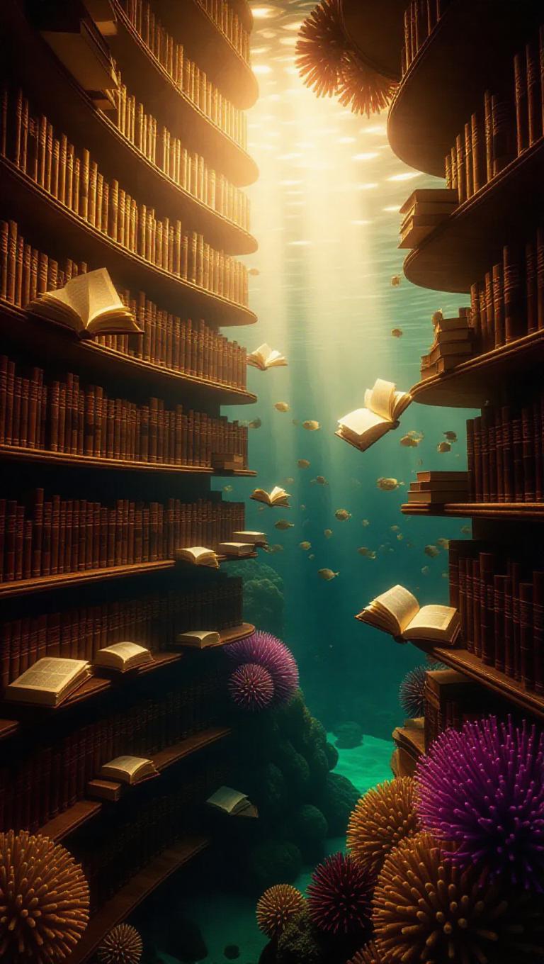 Fantasy underwater library intricately carved into vibrant coral reef ...