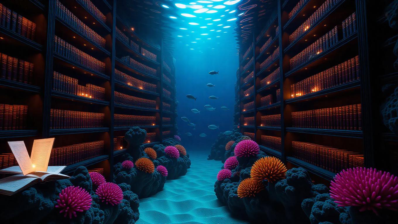 Fantasy underwater library intricately carved into vibrant coral reef ...