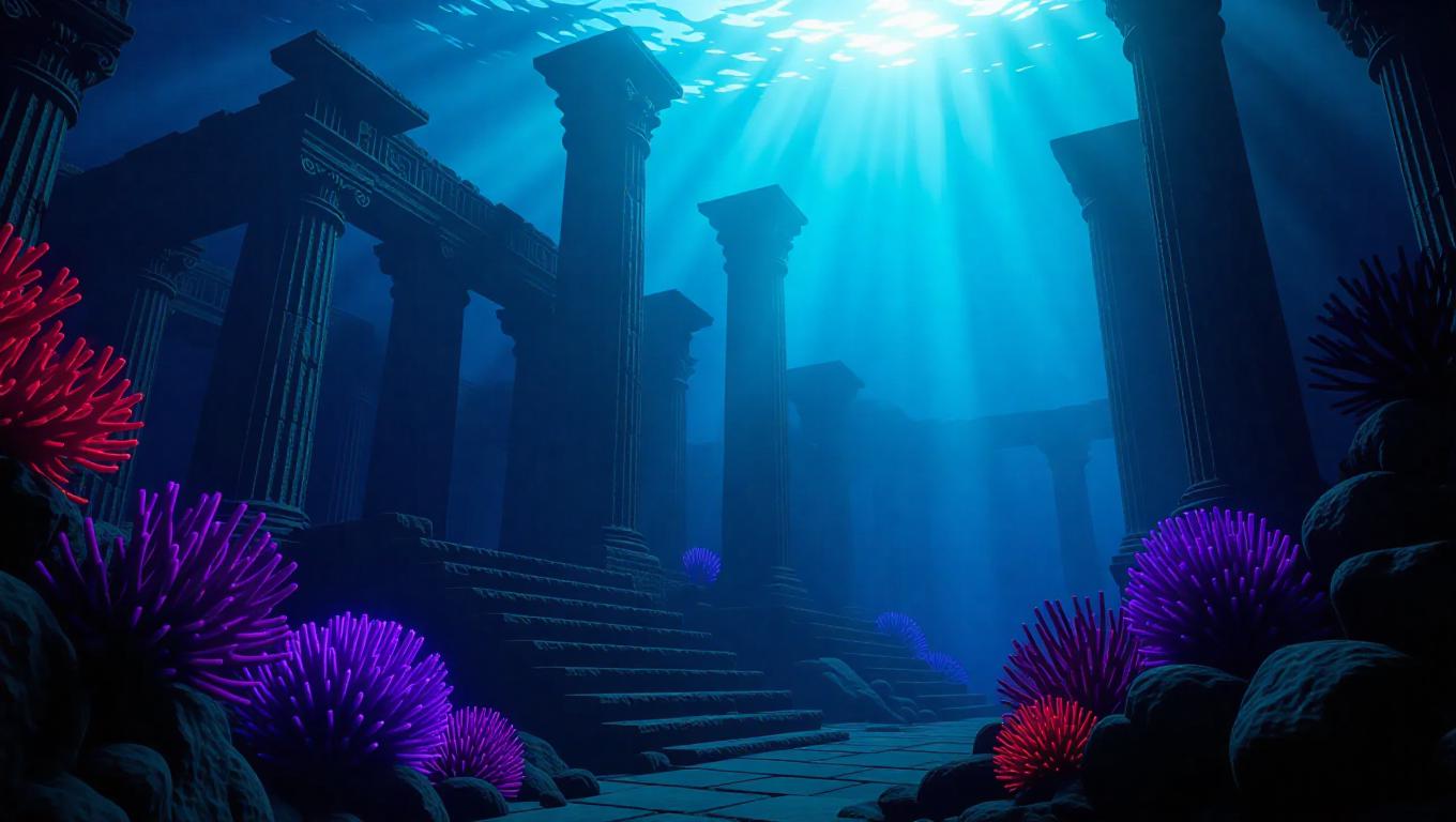A vibrant underwater ruins of an ancient city, with crumbling stone ...