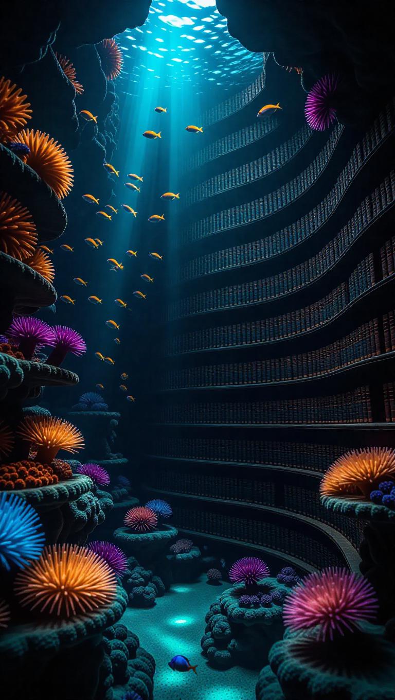Fantasy underwater library intricately carved into vibrant coral reef ...