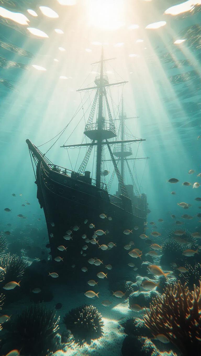 8. Soft-focus dreamy underwater scene of a sunken ship surrounded by ...