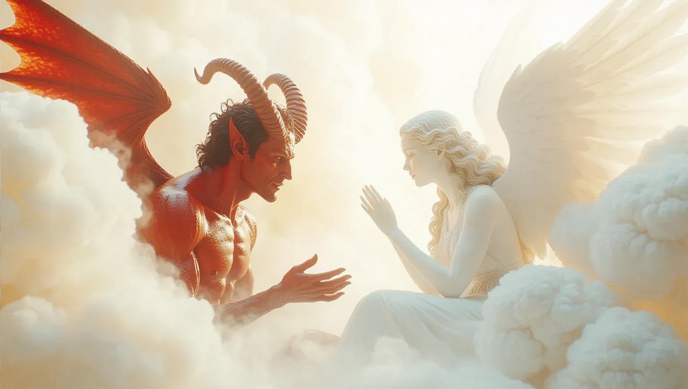 Cryptic Angel A diabolical devil and a serene angel engage in a cryptic conversation ...