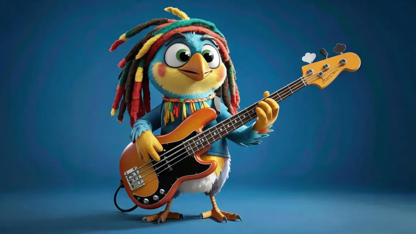 AI-Generated Pixar-Style Cute Cartoon Bird Rasta Bass Guitar 3D Images ...