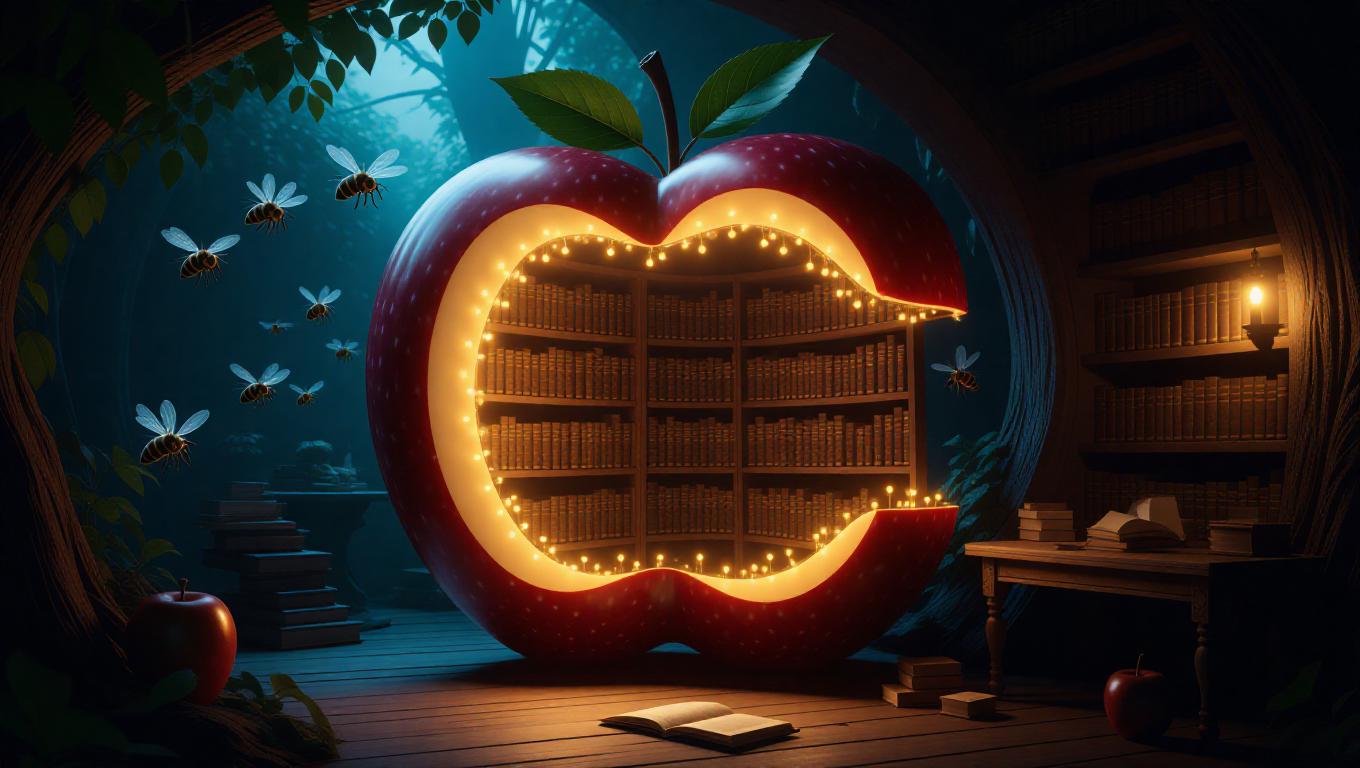 A mystical library nestled within a colossal apple core, illuminated by ...