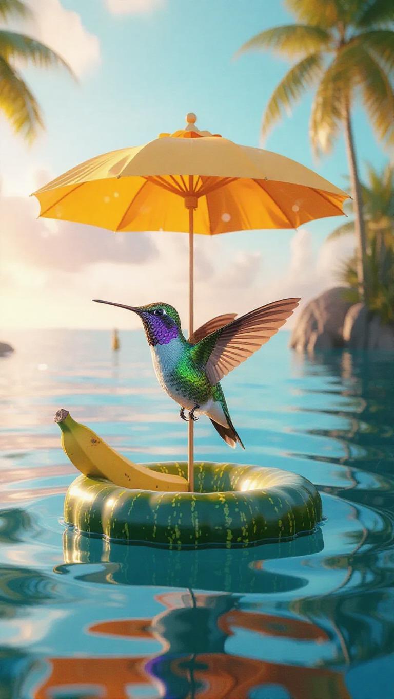 Hummingbird Ocean A hummingbird dances beneath a sunny banana umbrella on a fantastical ...