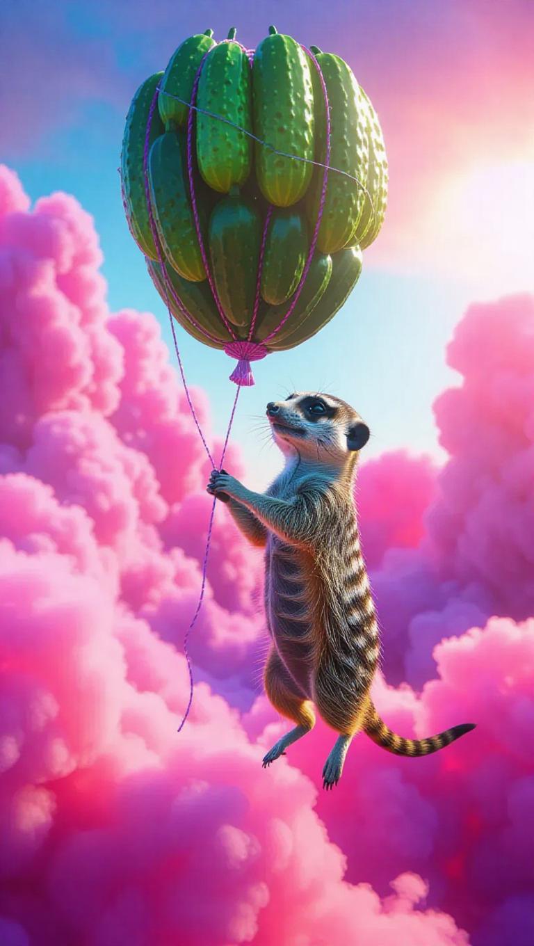 Meerkat Inflatable A curious meerkat piloting a whimsical balloon crafted from tangled ...