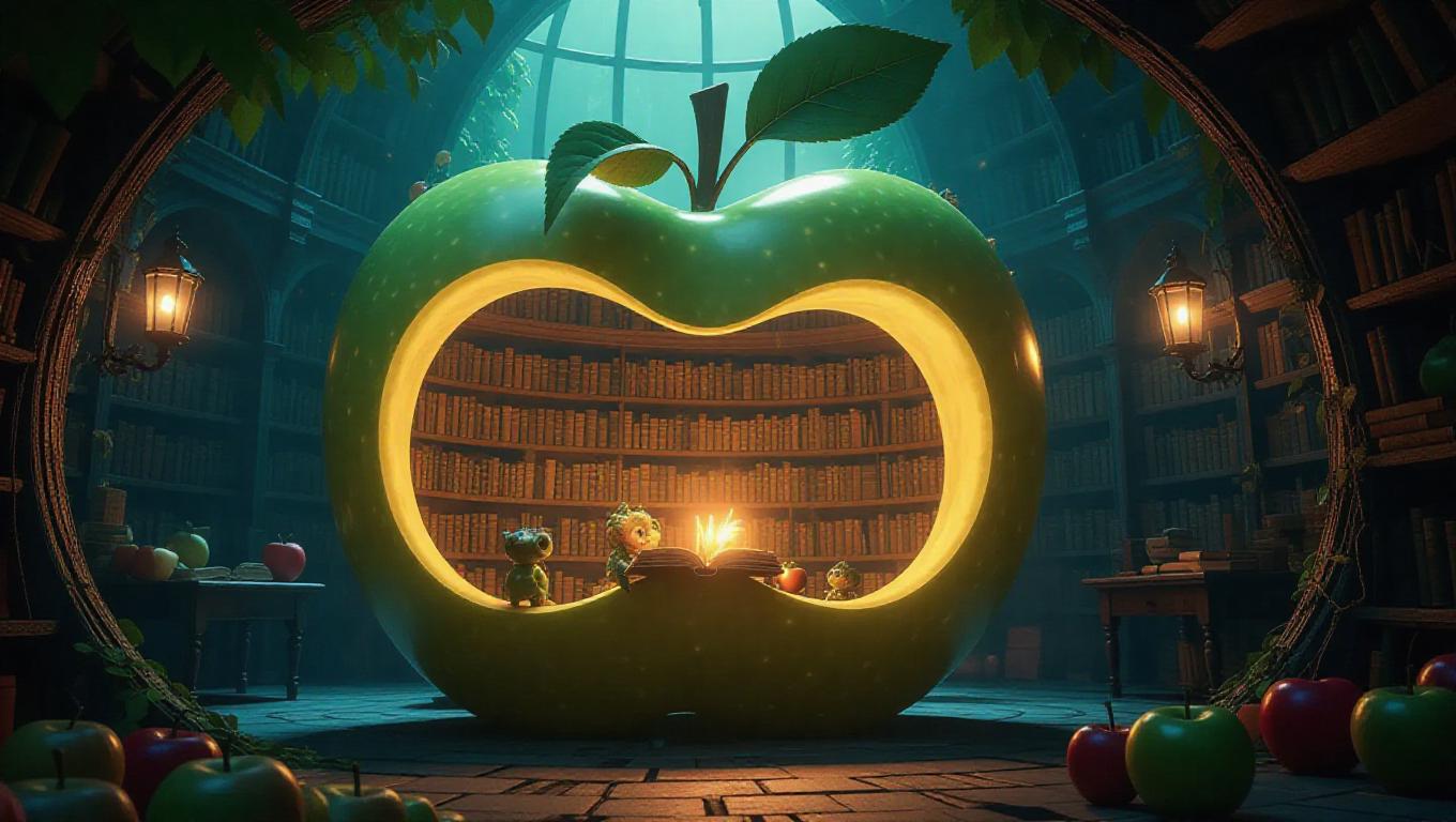 A mystical library nestled within a colossal apple core, illuminated by ...