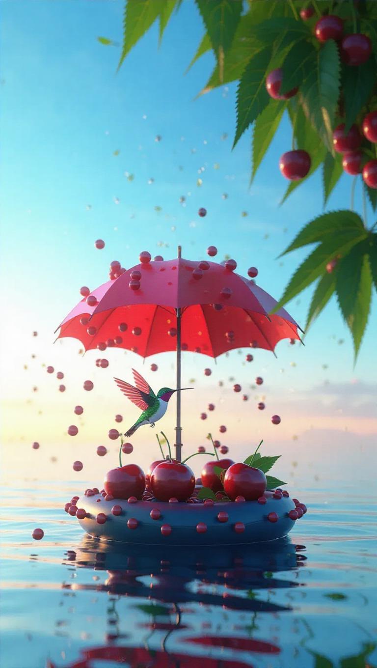Cheerful Humming A hummingbird plays under a cheerful cherry umbrella on a whimsical ...