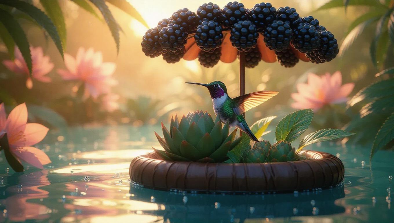 Cheerful Humming A hummingbird rests under a cheerful blackberry umbrella on a charming ...