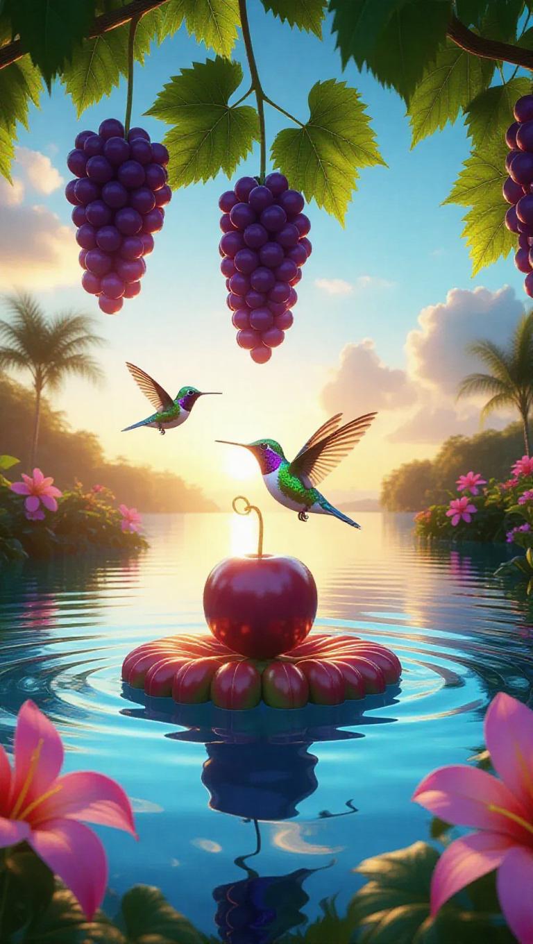 A hummingbird flutters beneath a sunlit grape umbrella on a vibrant ...