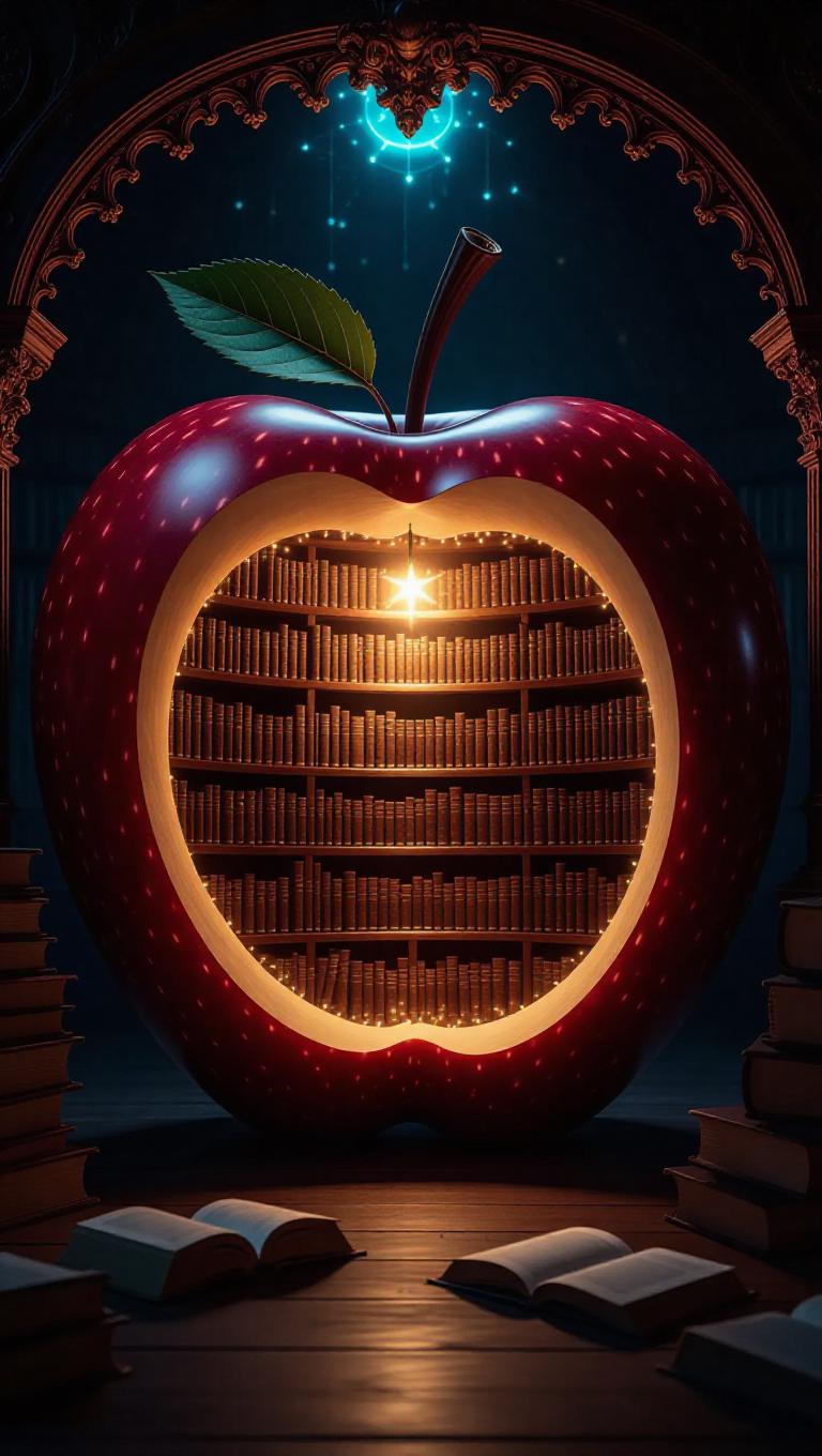 A mystical library nestled within a colossal apple core, illuminated by ...