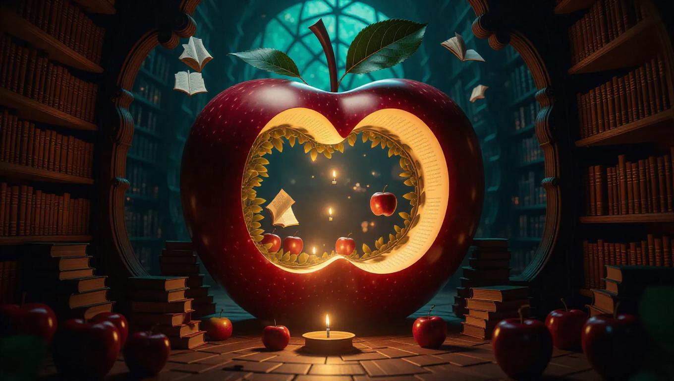 A mystical library nestled within a colossal apple core, illuminated by ...