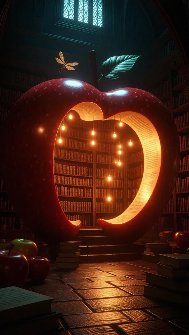 A mystical library nestled within a colossal apple core, illuminated by ...