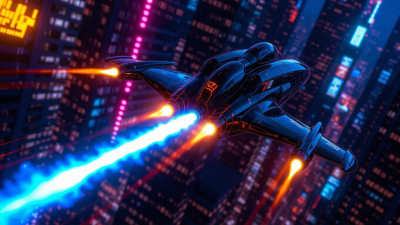 Blazing jetpack flying racing team, soaring through a neon-lit ...