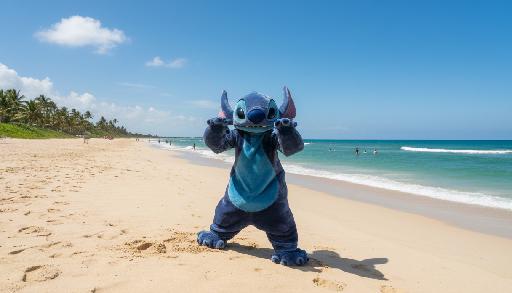 Stitch Mascot On Beach AI effects generated image